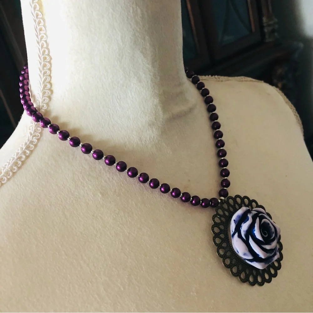 Handcrafted repurpose purple rose filigree pendant Czech glass Pearl necklace